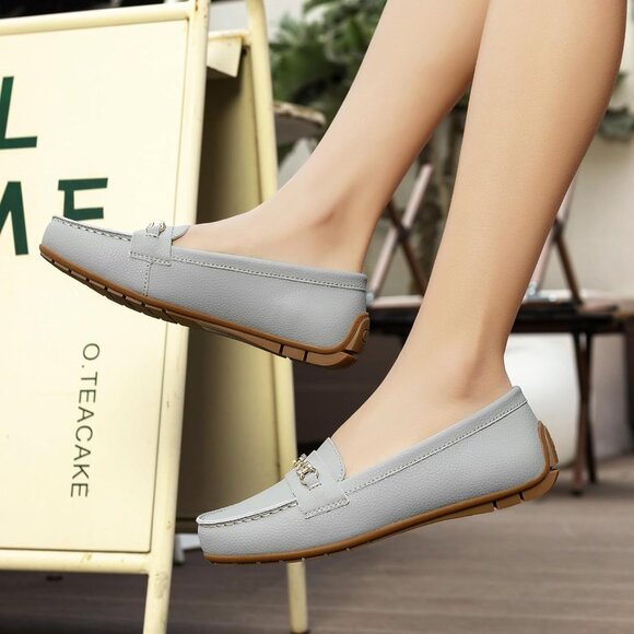 Kordal Women's Light Grey Leather Gold Accent Buckle Slip-Ons Walking Loafers - Picture 7 of 9